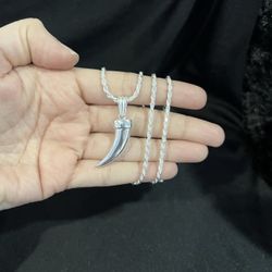 925 Sterling Silver Men Women Tusk Fang Lucky Horn & Rope Chain 