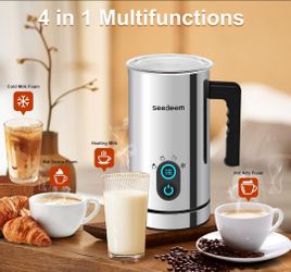 ilk Frother, Seedeem 4-in-1 Electric Milk Steamer, 10.2oz/300ml Automatic Warm and Cold Milk Foamer, Stainless Steel Milk Steamer for Latte, Cappuccin