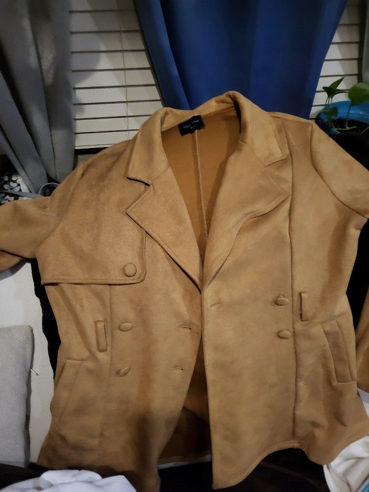 Love tree camel faux suede double-breasted coat