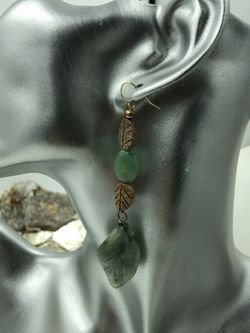 14KT Yellow Gold Filled Leaf Carved Chrysoprase & Jasper Long Earrings