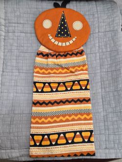 Folk Art Vintage Halloween Pumpkin Hanging Kitchen Towel Candy Corn Orange Black