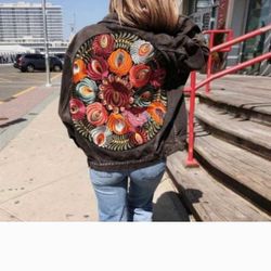 Boho Denim Jacket Floral New Xl