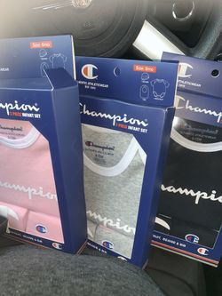 3 Brand new champion 3 piece outfits infant size 6 months. Never worn.