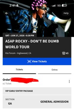 A$AP ROCKY VIP EARLY ENTRY GA x1 TICKET