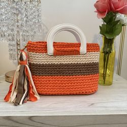Handmade (H: 7.6   L: 10 Inches) Crochet Handbags with Leather Handle, Crossbody Strap & Satin Scarf | Three-Tone Crochet Purse | Elegant Gift for Her