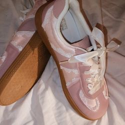Charmella Pink Lace Ribbon Sneakers Embroidered Kawaii Ballerina Flats Sz. 7