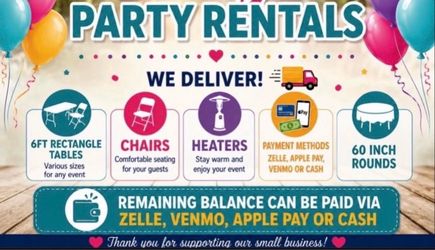 Party needs-tables, chairs, popup canopy & heaters