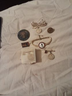 Boy Scout 1964 Jamboree Coin, Mother Pin, Round Pin, Rectangle Pin, Tie Bar, And 2 Axe Pins