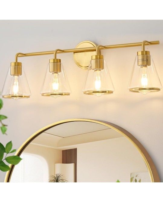 Gold Vanity Light 4 Light Bathroom Vanity Light Fixtures Over Mirror with Clear Glass Shade, 30 Inch