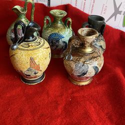 Set Of 5 5 Inch Handmade Hand Painted Hand Etched Greek Ceramic Collectible Vases Imported From Greece