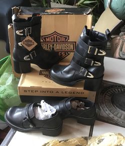 MOTOR HARLEY-DAVIDSON Step into a Legend botas y zapatos nuevos en caja, size botas 8.5 100 dólares, zapatos size 7- 65 dólares