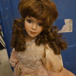 Vintage Porcelain Doll In Pink Dress