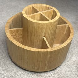 Bamboo Desk Organizer Round Container Swivels 360 Degrees