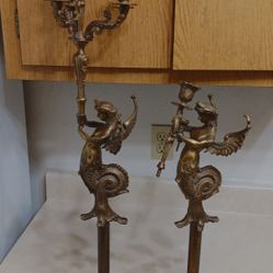 Antique Brass Mermaid Angel Candelabras 