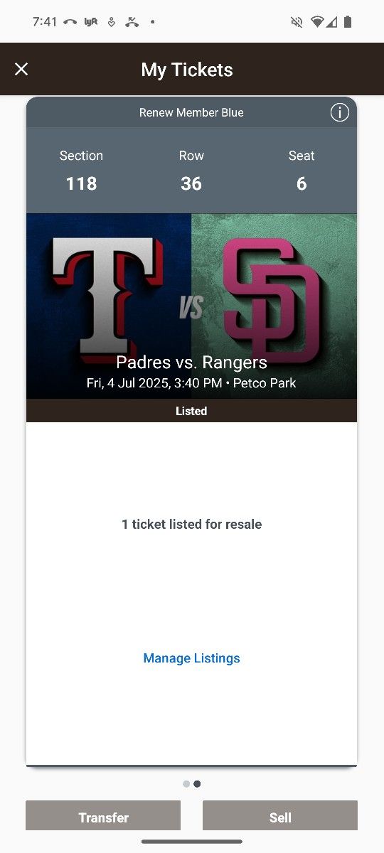 Padres Vs. Rangers, Section 118, 2 Tickets, July 4th