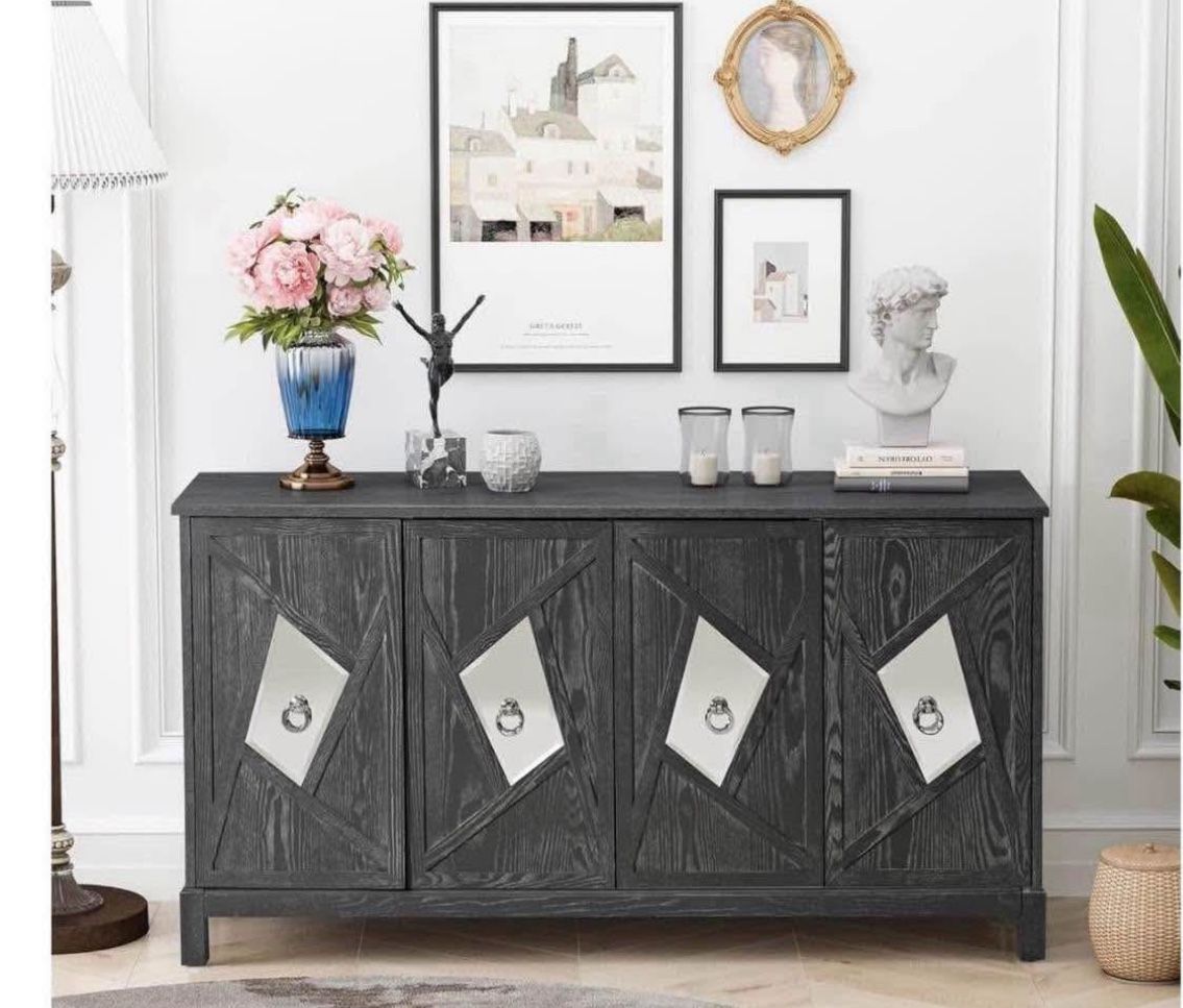 4 Door Mirrored Buffet Cabinet, Retro Sideboard Entryway Console Table Accent Cabinet with Shelves for Bedroom, Living Room, Office, Easy Assembly, Gr
