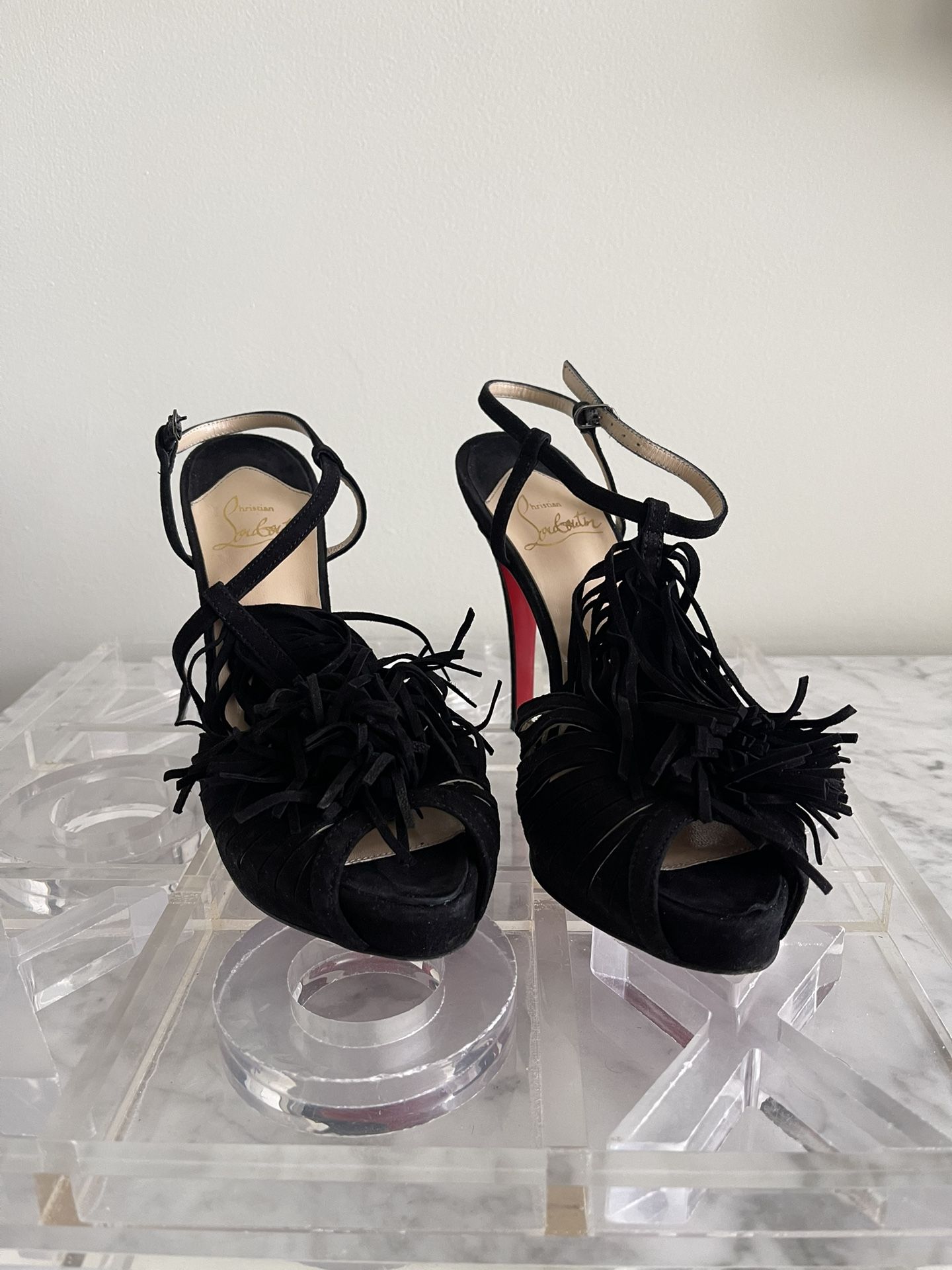 Christian Louboutin Black Suede Fringe Platform Pumps Sandals Size 38