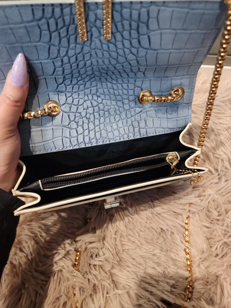 Blue And Beige Evening Bag With Heavy Gold Chain
