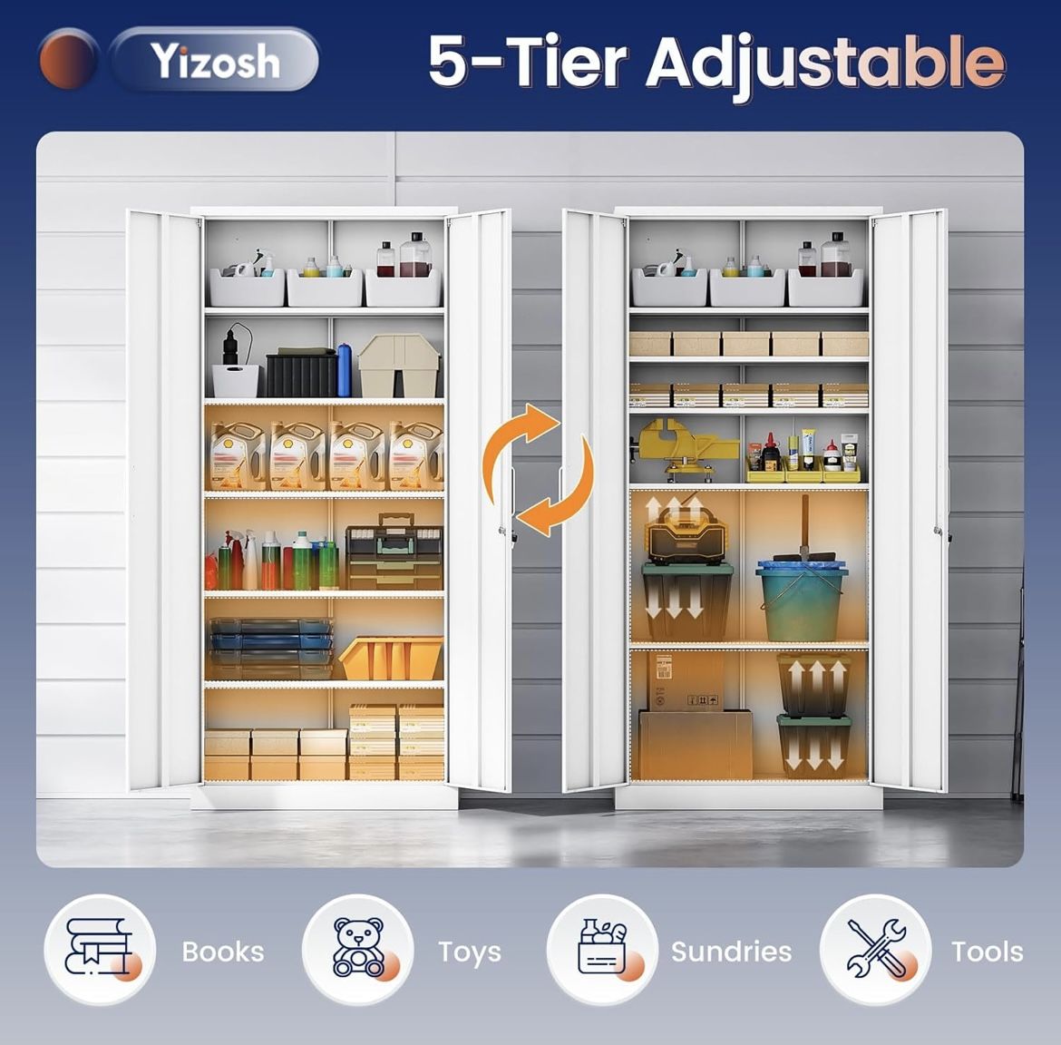 Metal Garage Storage Cabinet with 2 Doors and 5 Adjustable Shelves - 71" Steel Lockable File Cabinet,Locking Tool Cabinets for Office,Home,Garage,Gym