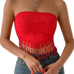 MakeMeChic Women's Boho Floral Jacquard Lace Trim Tie Back Tassel Crop Tube Top