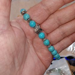 Turquoise Beaded Stretch Bracelet With A Silver Owl