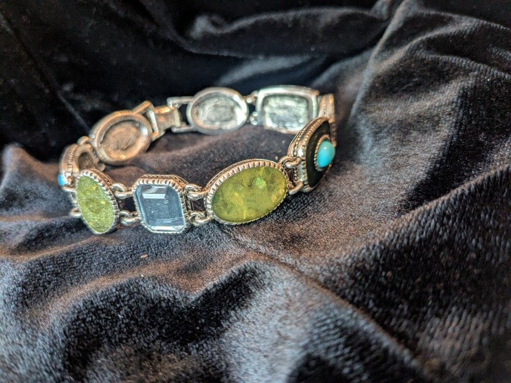 Vintage Liz Claiborne Turquoise & Olive Green Colours Enamel and Rhinestone Links Silver Tone Bracelet