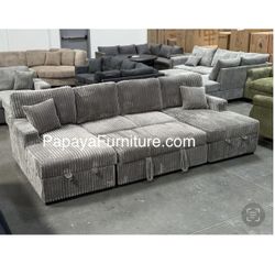 New! 120” Ultra Large Sectional Sofa Bed, Double Chaise Sectional, Super Comfort Corduroy Couch, Sectional, Sofa, Couch, U-Shaped Couch, Sleeper Sofa 