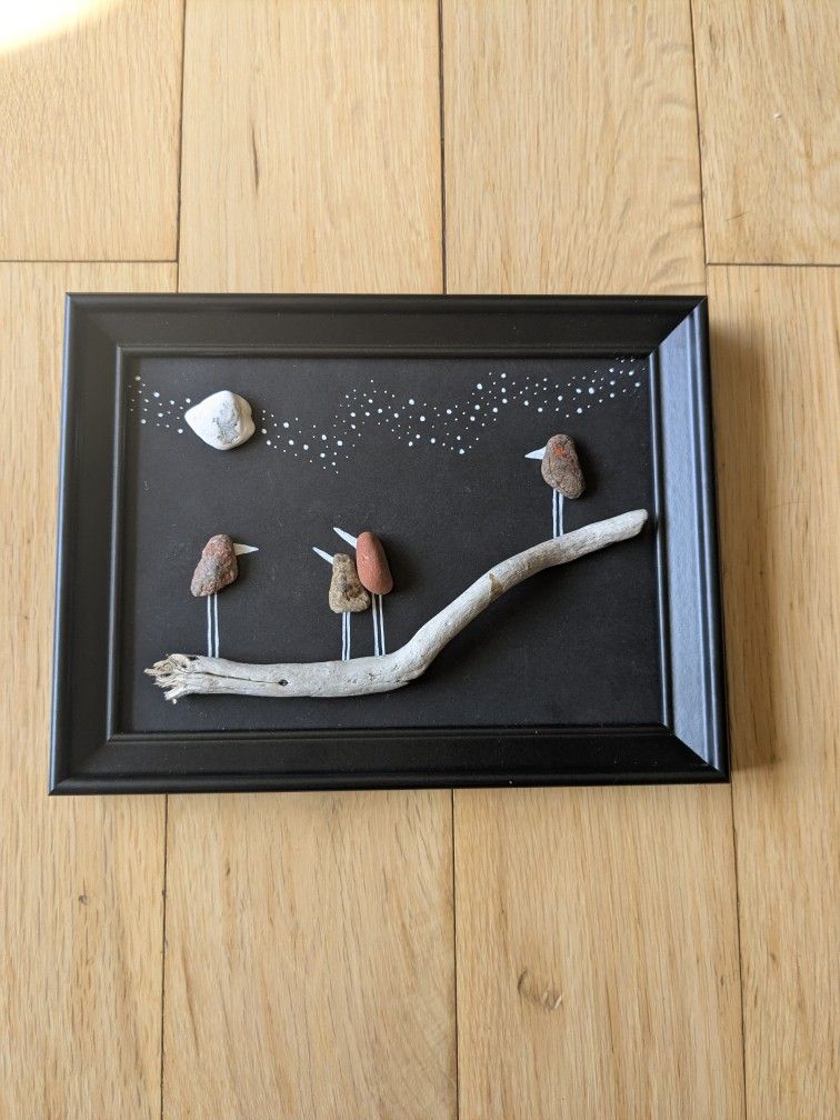Pebble Art Wall Decor Birds On Branch & Moon HandPainted Framed Art 6x4" Serene!

