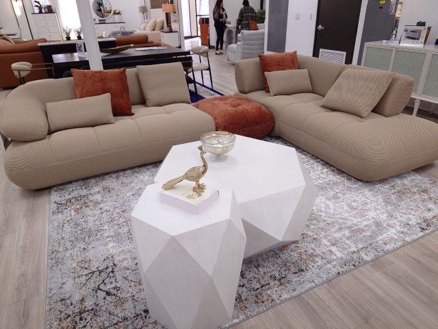 Brand New Gorgeous tufted Right facing sectional upholstered in soft beige performance mesh fabric
