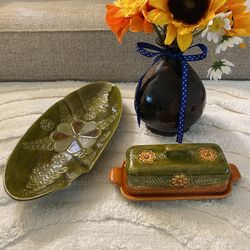 vintage 1970s handmade floral butter and bread dish