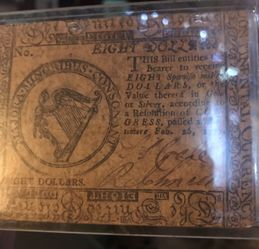 1777 Eight Dollar Note By Hall & Sellers Facsimile 