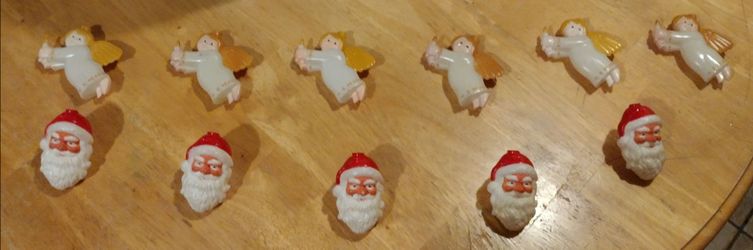 vintage blow-mold Santa Claus/ Angels head covers designed for Christmas mini light strings.