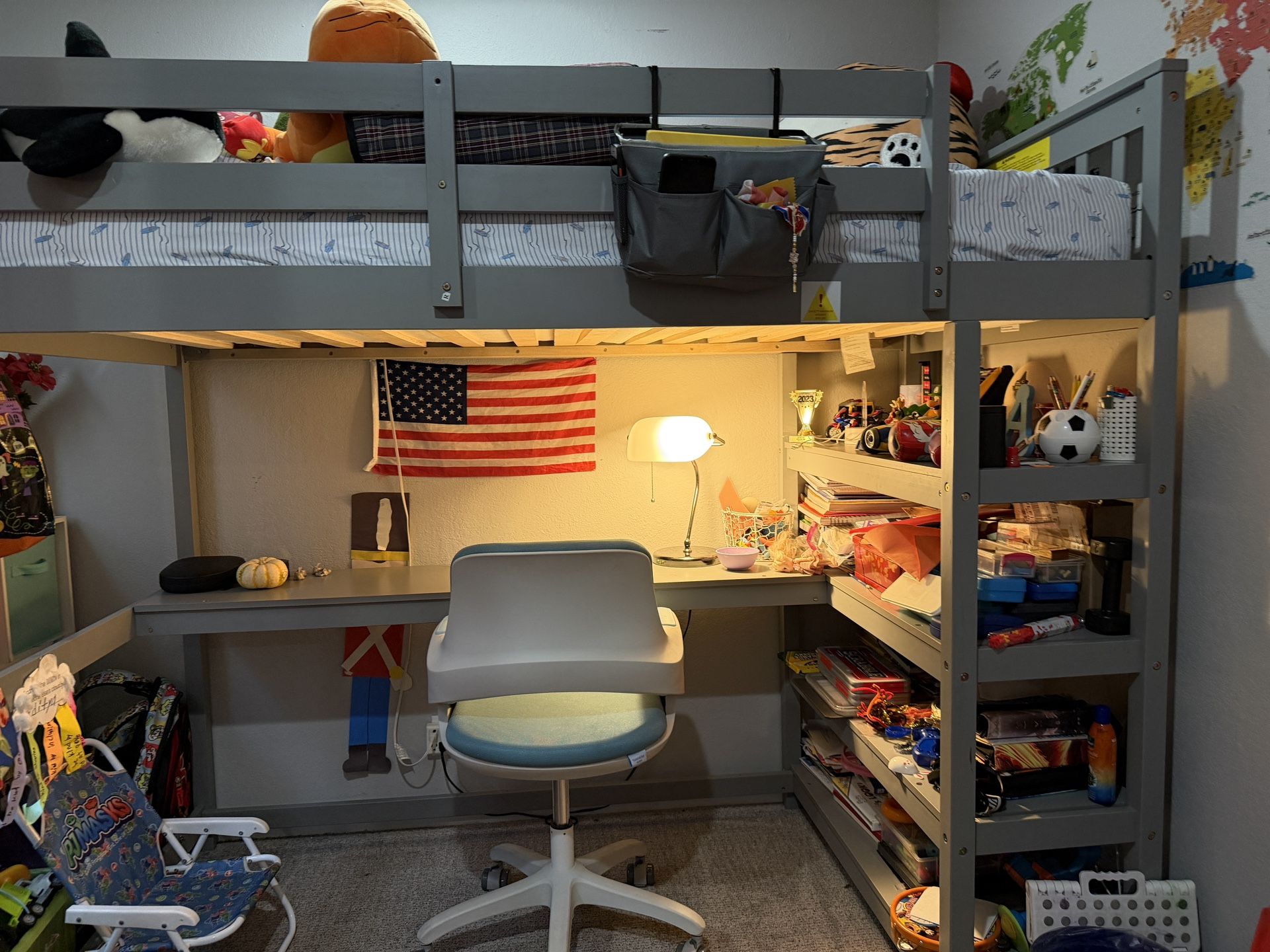  Loft Bed Twin , Grey with Desk, with 4-Storage Shelves, Under Bed Desk