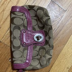Coach Brown Wristlet With Pink Leather Trim