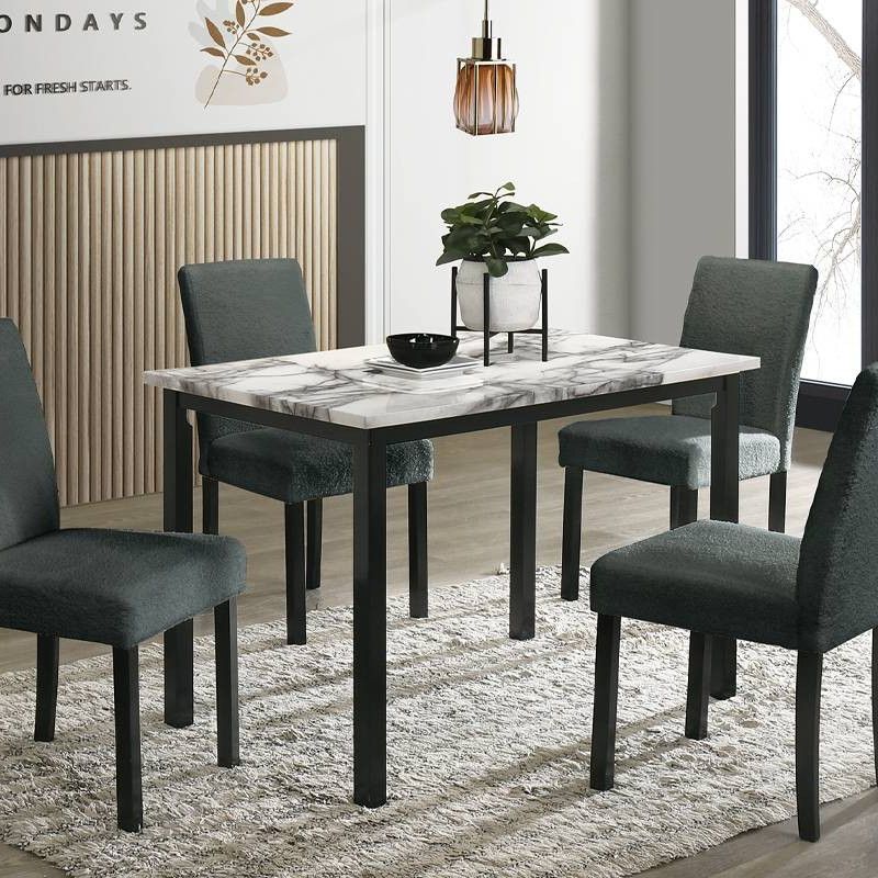 ✅️✅️5 pc white faux marble top dark wood frame charcoal grey chairs dining table set✅️