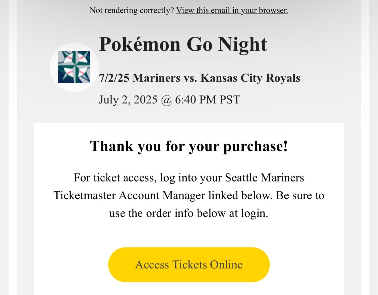 2x Special Tickets For Tonight’s Mariners Royals POKEMON GO NIGHT! sold Out 