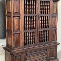 Gorgeous Vintage 76” Spanish Colonial Rustic Dark Pine Wood Cabinet Hutch Bookcase