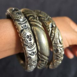 3 Antique Silver Tone Bangle Bracelets Engraved Patterns Fits 2.50" Wrist Size