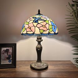 Tiffany Style Table Lamp Stained Glass Hummingbird Flowers LED Bulb 19"H*12"W*12"D