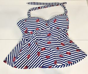 Betsey Johnson Peplum Stripe Tankini Red Lips Bathing Suit top