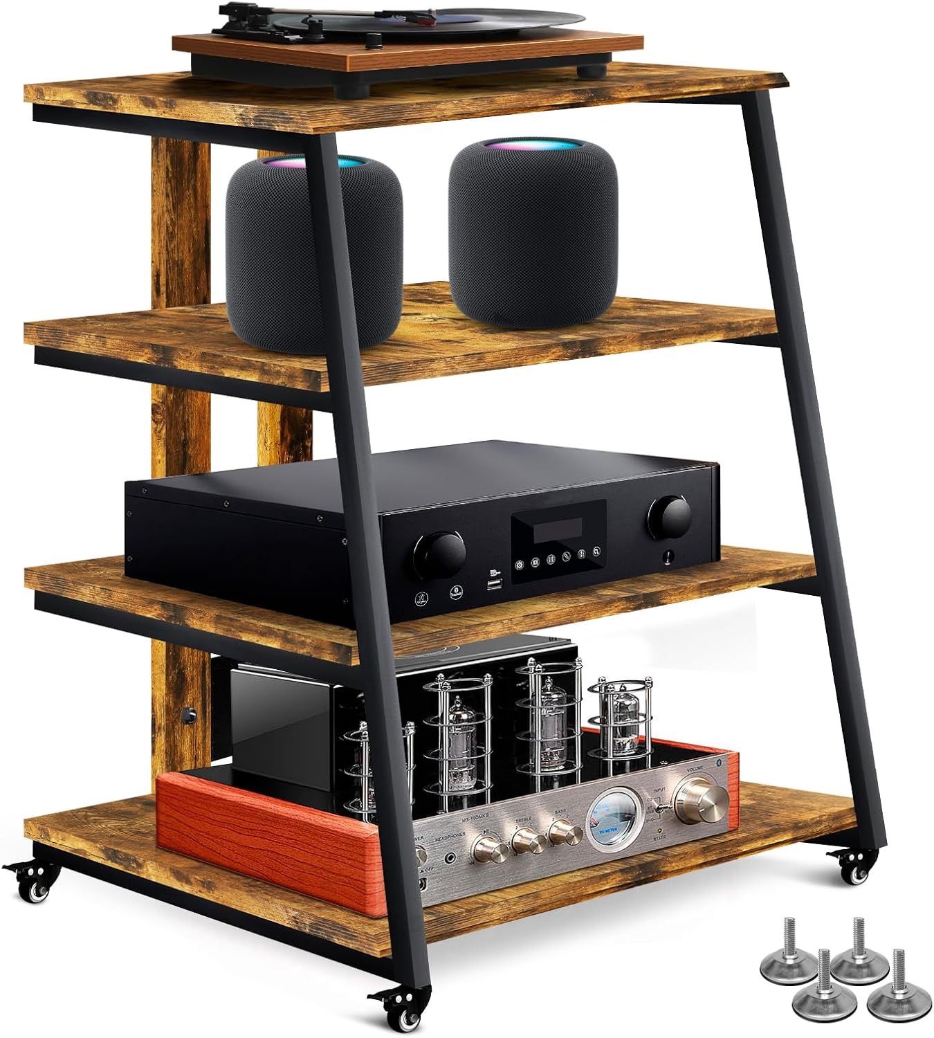 4-Tier AV Media Stand Corner Shelf Stereo Cabinet Audio Rack Tower with Height Adjustable Wooden She