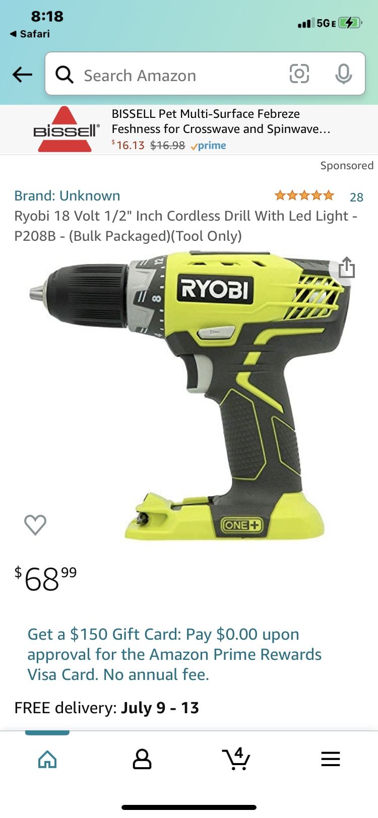 Ryobi 18 Volt 1/2" Inch Cordless Drill With Led Light - P208B - (Bulk Packaged)(Tool Only)