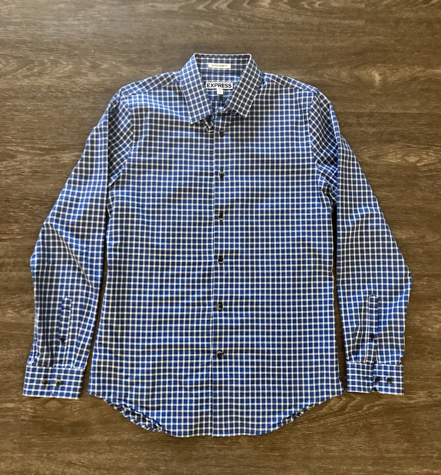 Express Brand Men’s Royal Blue and Black Plaid Long Sleeved Buttoned Down Shirt