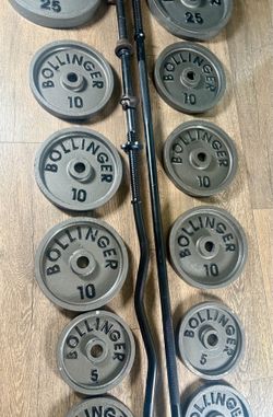 BOLLINGER VINTAGE Standard Set: 6 ft Bar, 4 ft Curl Bar, DB Bars and Cast Iron Weight plates: 25s, 10s, 5s and 2.5s (Total: 191 lbs)