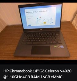HP Chromebook 14" G6 

Celeron N4020 @1.10GHz 

WiFi 

Bluetooth 

Chrome Os

64bit system 

Webcam 

4GB RAM 

16GB eMMC