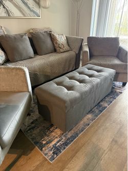Gray Accent Chairs (2) + Tufted Storage Ottoman