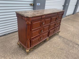 Large 6-Drawer Dresser / Chest of Drawers with Marble Granite Top & Iron Legged Base