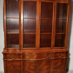 Vintage Morganton Cherry Breakfront China Cabinet w/ Curved Glass – 2pc Hutch Buffet