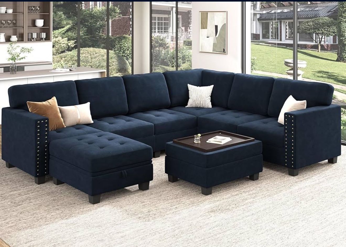 HONBAY Modular Sectional Sofa Couch, Velvet U Shaped Sectional Couch with Storage Ottoman Modern Comfy Couch with Chaise, Dark Blue