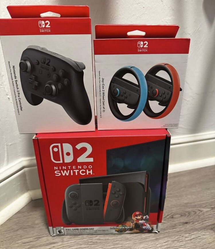 New Unopened Switch 2 Mario kart bundle with pro controller and wheels